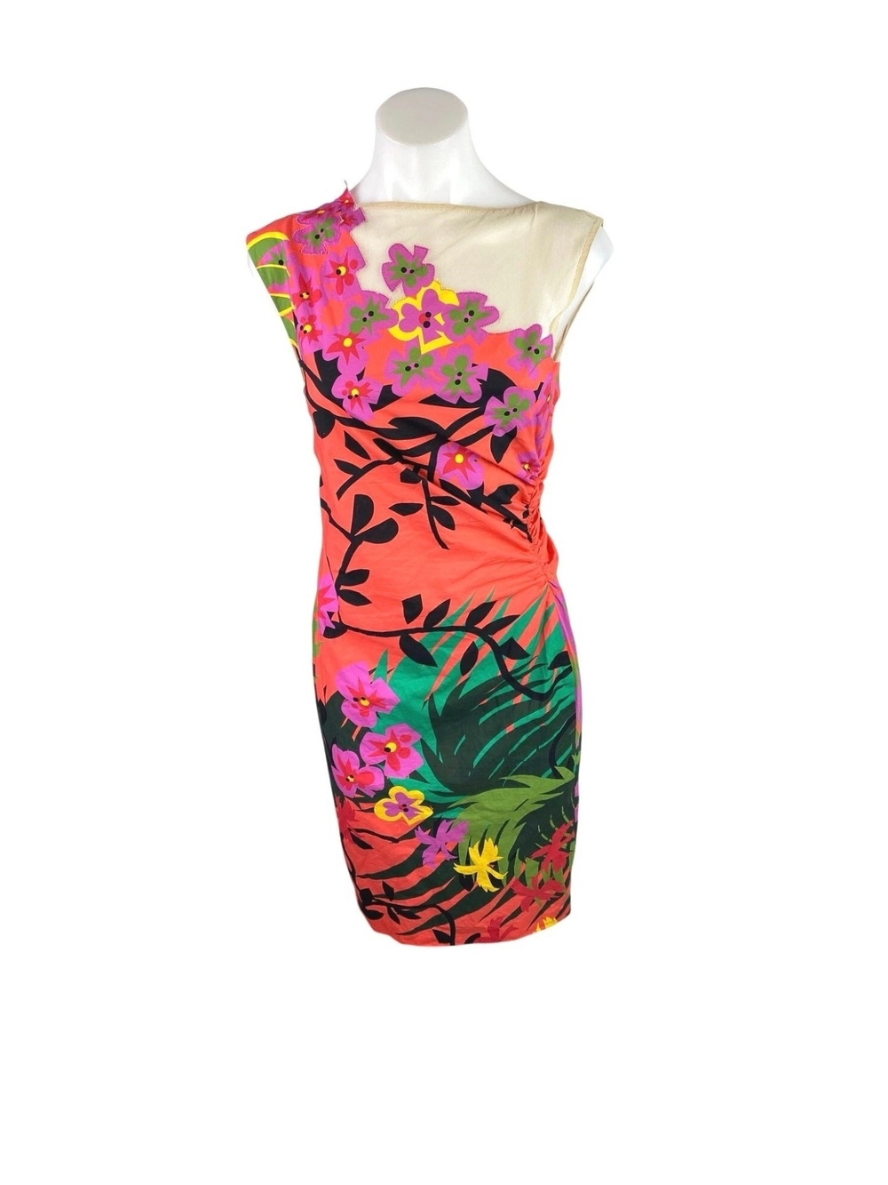 Alberta Ferretti Multicolor Floral Sleeveless Ruched Midi Tank Sheath Dress Sz 6